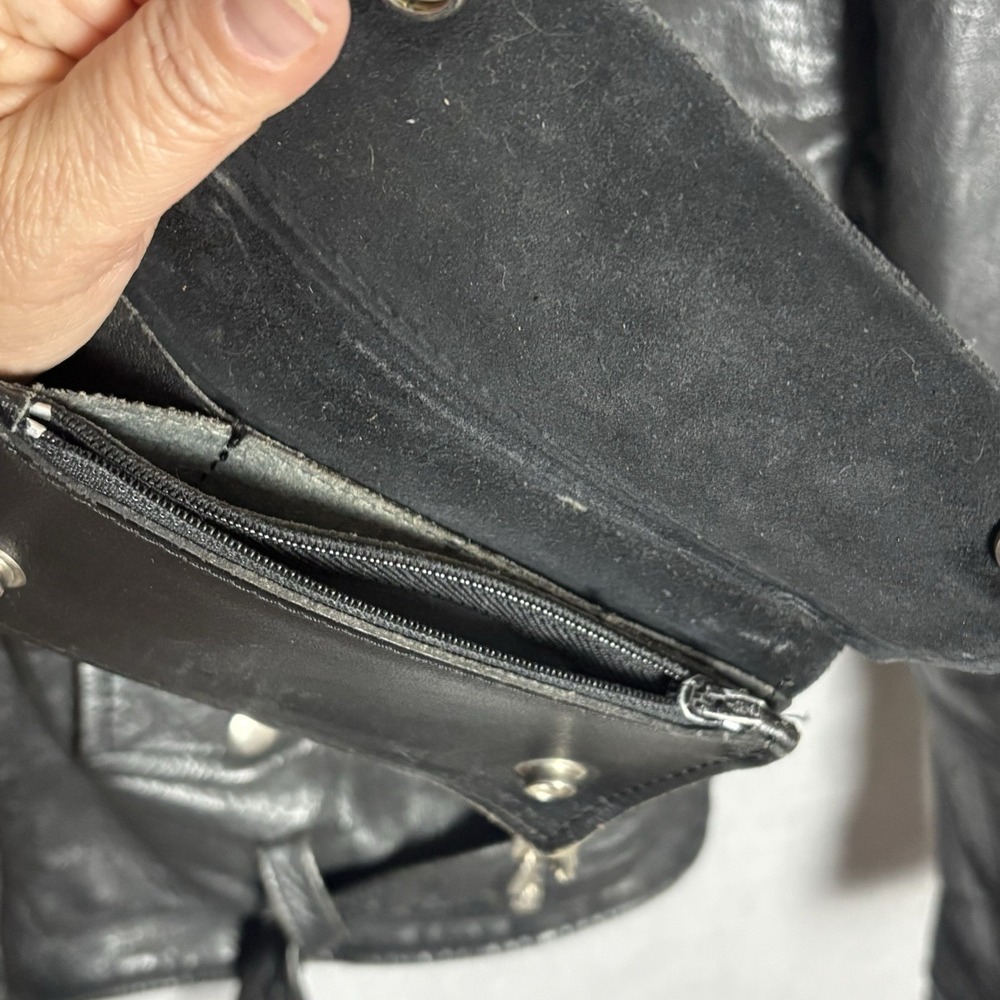 Vtg 90's Black Leather Moto Jacket  Heavy Weathered + Harley Trucker Wallet Sz L - Picture 7 of 16